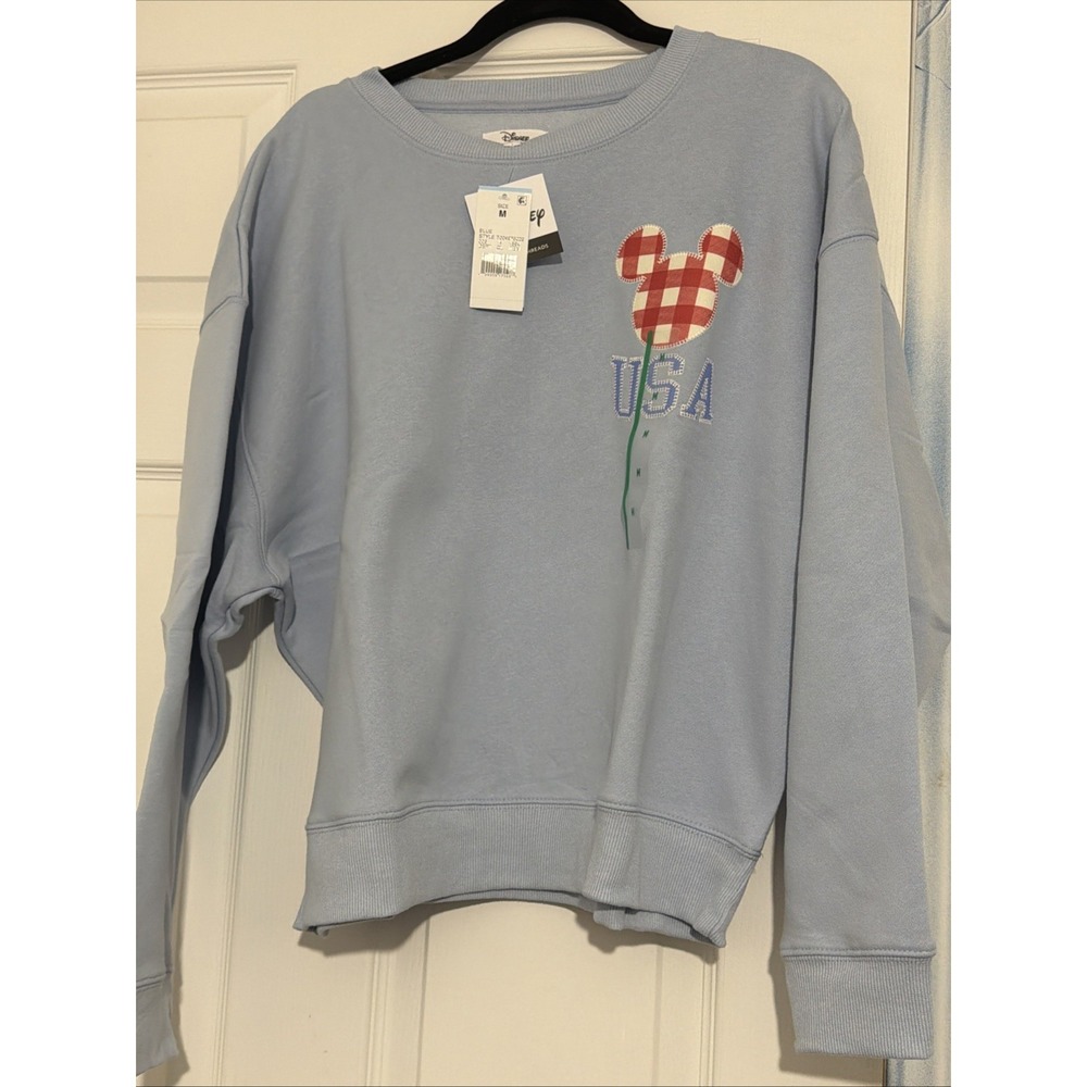Disney Mickey USA Blue Sweater Grayson Threads Medium NWT Women Quilt Patchwork